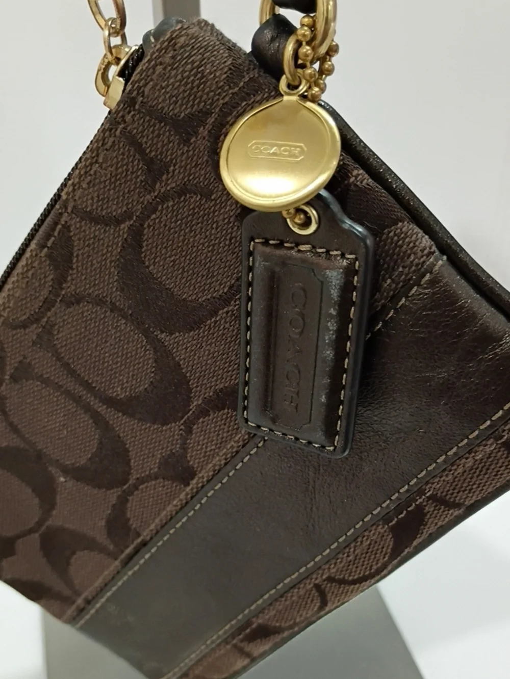 Coach Brown Signature Jacquard Wristlet with Legacy Lining And Gold Accents